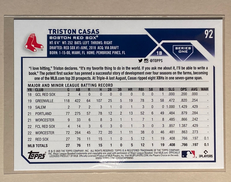 2023 Topps 92 Triston Casas - Baseball - RC
