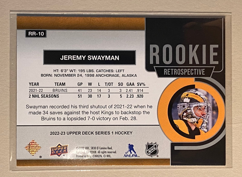 2022-23 Upper Deck RR-10 Jeremy Swayman - Hockey Rookie Retrospective