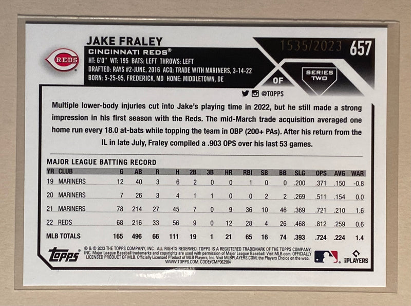 2023 Topps 657 Jake Fraley - Baseball Series 2 Gold 1535/2023