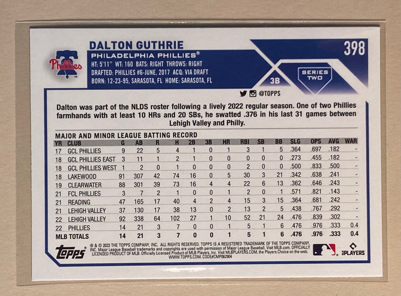 2023 Topps 398 Dalton Guthrie RC - Baseball Series 2