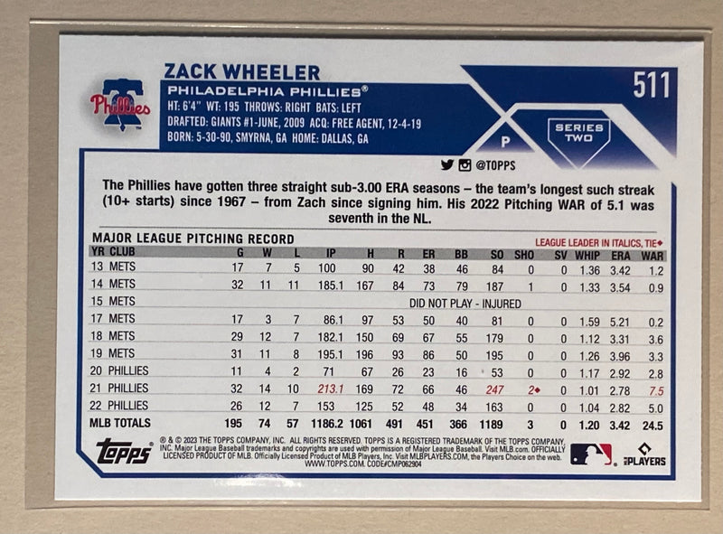 2023 Topps 511 Zack Wheeler - Baseball Series 2