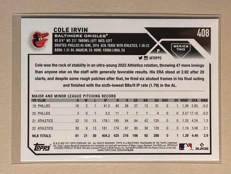 2023 Topps 408 Cole Irvin - Baseball Series 2
