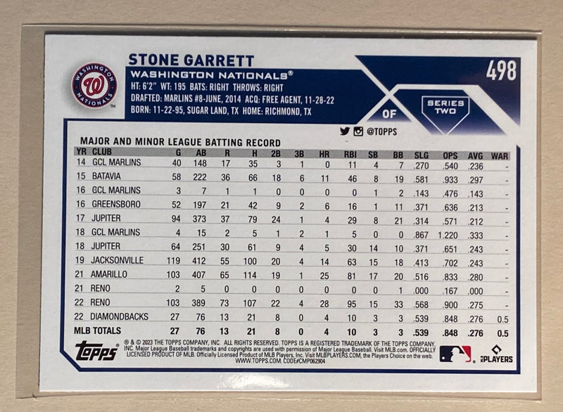 2023 Topps 498 Stone Garrett RC - Baseball Series 2