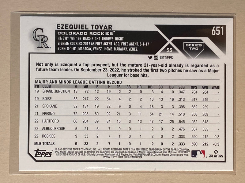 2023 Topps 651 Ezequiel Tovar RC - Baseball - Series 2