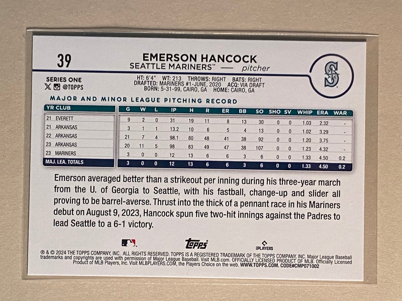 2024 Topps 39 Emerson Hancock - Baseball - RC