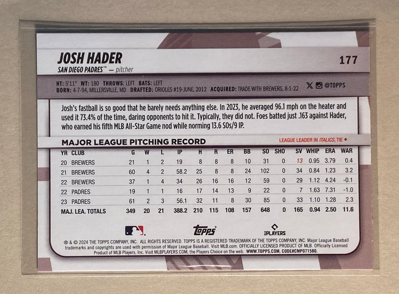 2024 Topps 177 Josh Hader - Baseball - Big League