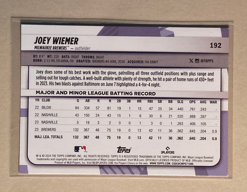 2024 Topps 192 Joey Wiemer - Baseball - Big League