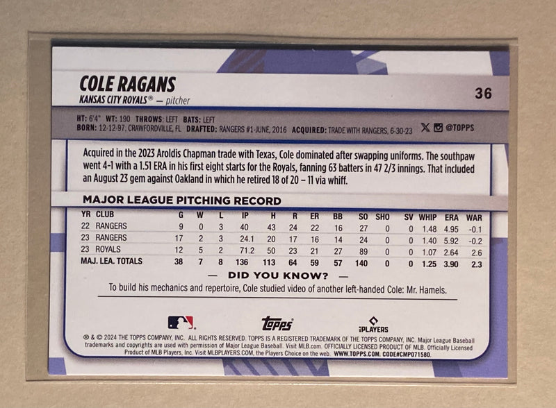 2024 Topps 36 Cole Ragans - Baseball - Big League