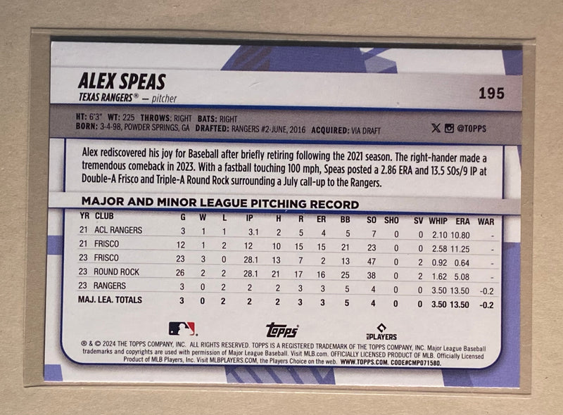 2024 Topps 195 Alex Speas - Baseball - Big League