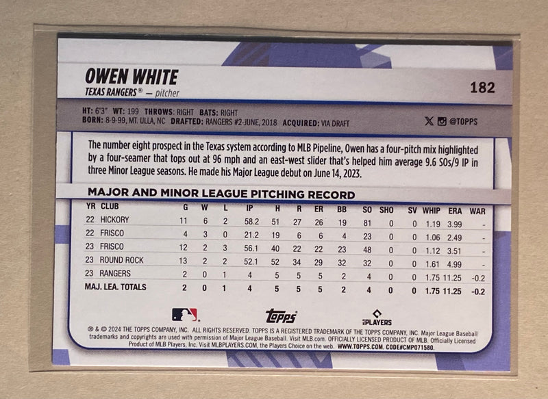 2024 Topps 182 Owen White - Baseball - Big League - RC