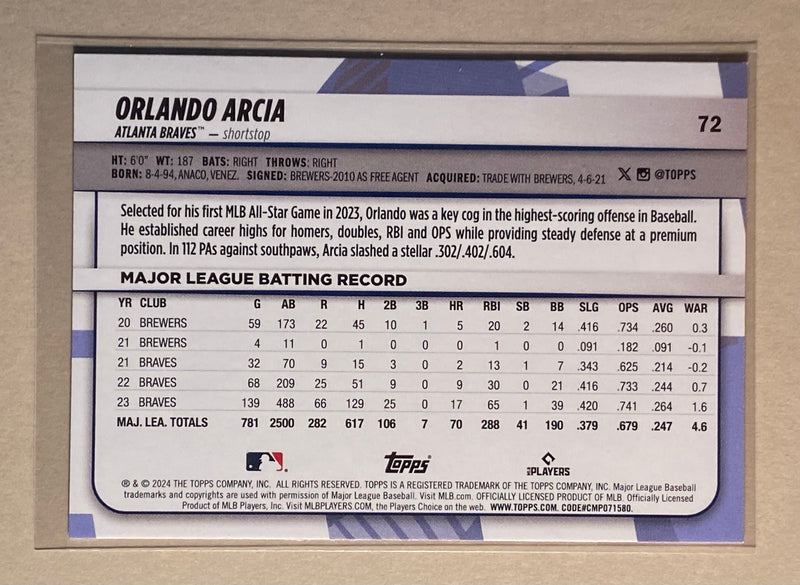 2024 Topps 72 Orlando Arcia - Baseball - Big League