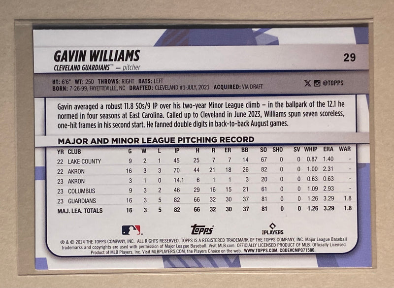 2024 Topps 29 Gavin Williams - Baseball - Big League - RC