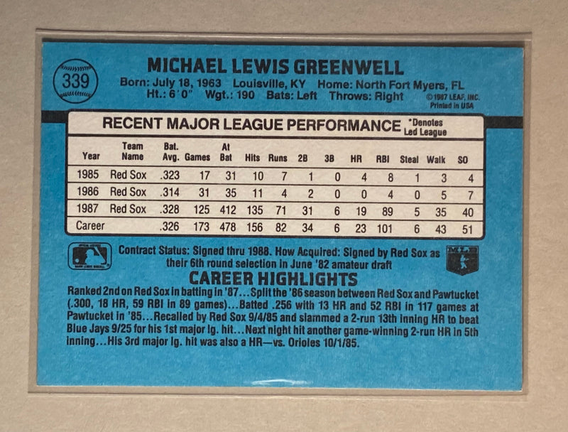 1988 Donruss 339 Mike Greenwell - Baseball