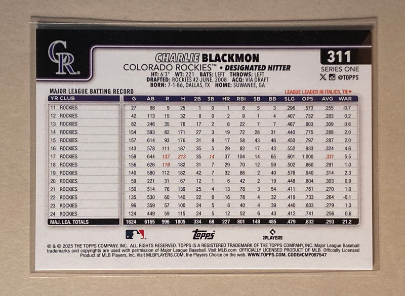 2025 Topps 311 Charlie Blackmon - Baseball - Series 1