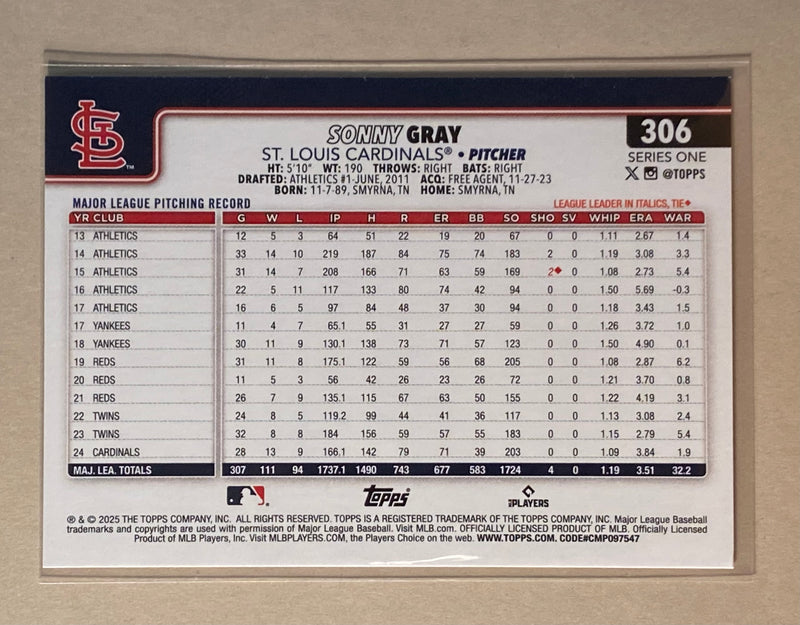 2025 Topps 306 Sonny Gray - Baseball - Series 1