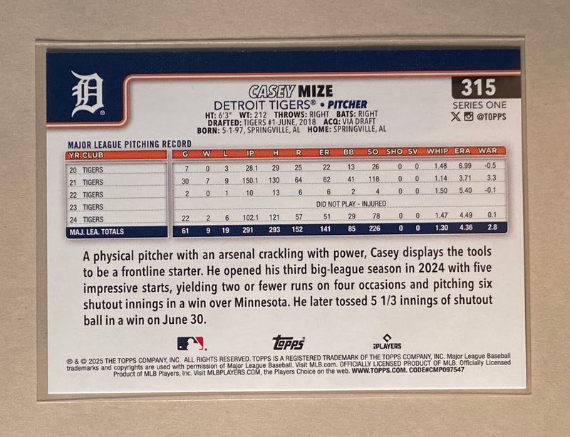 2025 Topps 315 Casey Mize - Baseball - Series 1