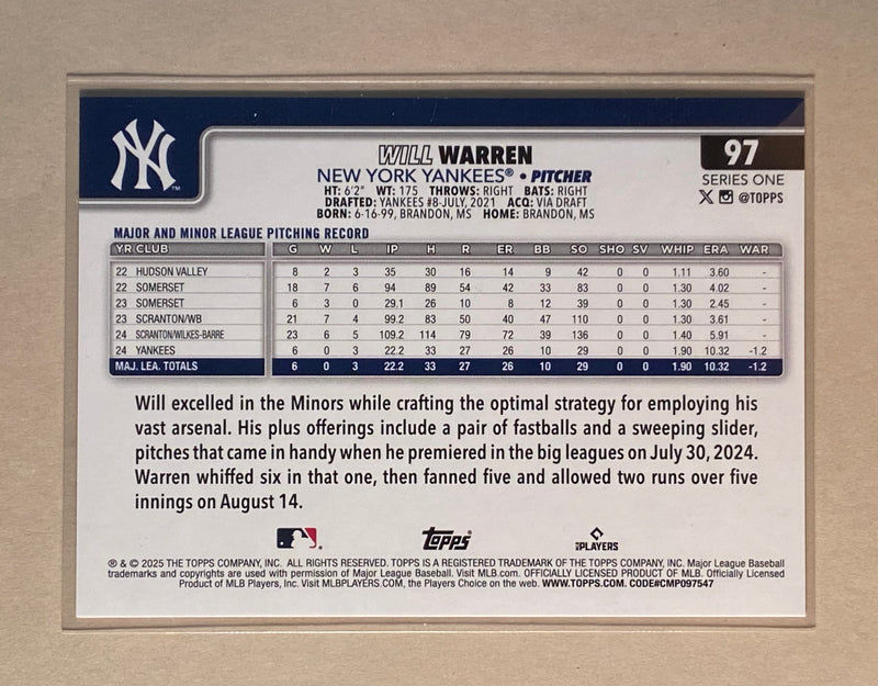 2025 Topps 97 Will Warren - Baseball - RC