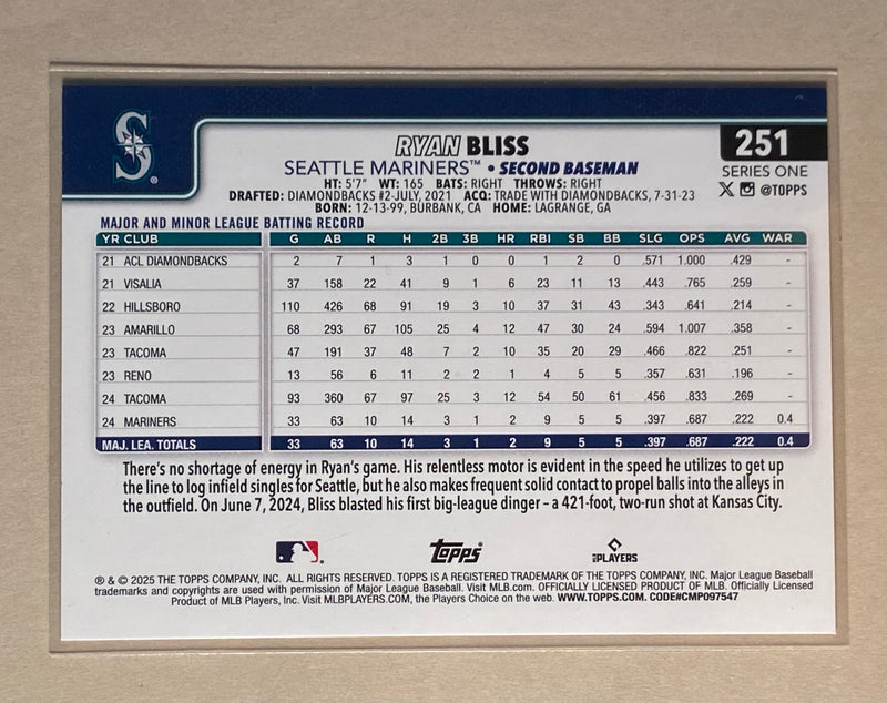 2025 Topps 251 Ryan Bliss - Baseball - Series 1 - RC
