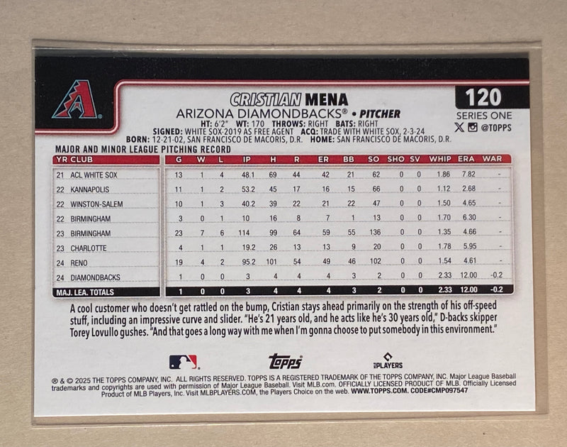 2025 Topps 120 Cristian Mena - Baseball - Series 1 - RC
