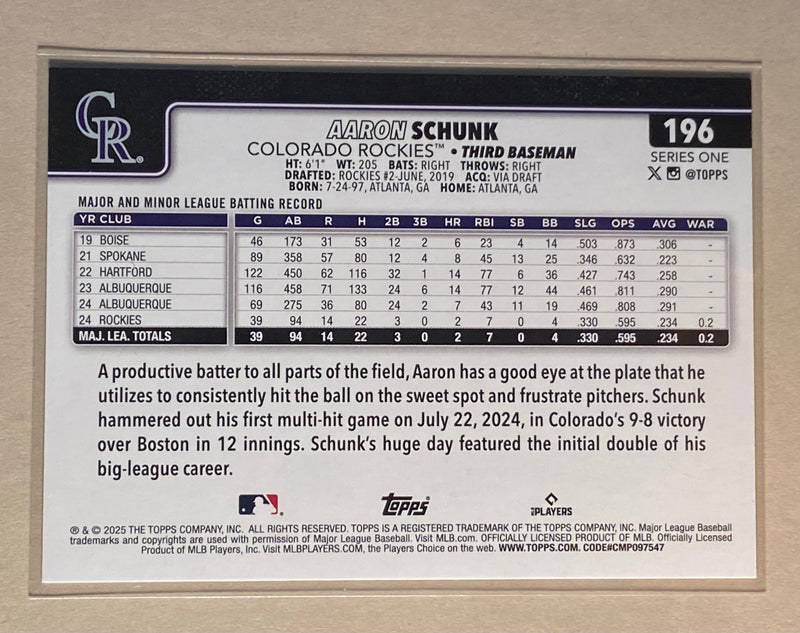 2025 Topps 196 Arron Schunk - Baseball - Series 1 - RC