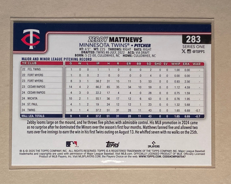 2025 Topps 283 Zebby Matthews - Baseball - Series 1 - RC