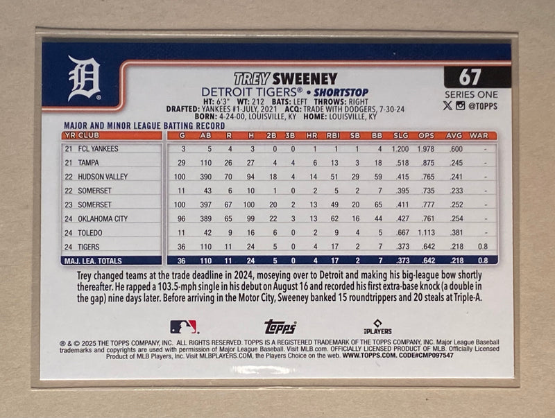 2025 Topps 67 Trey Sweeney - Baseball - Series 1 - RC