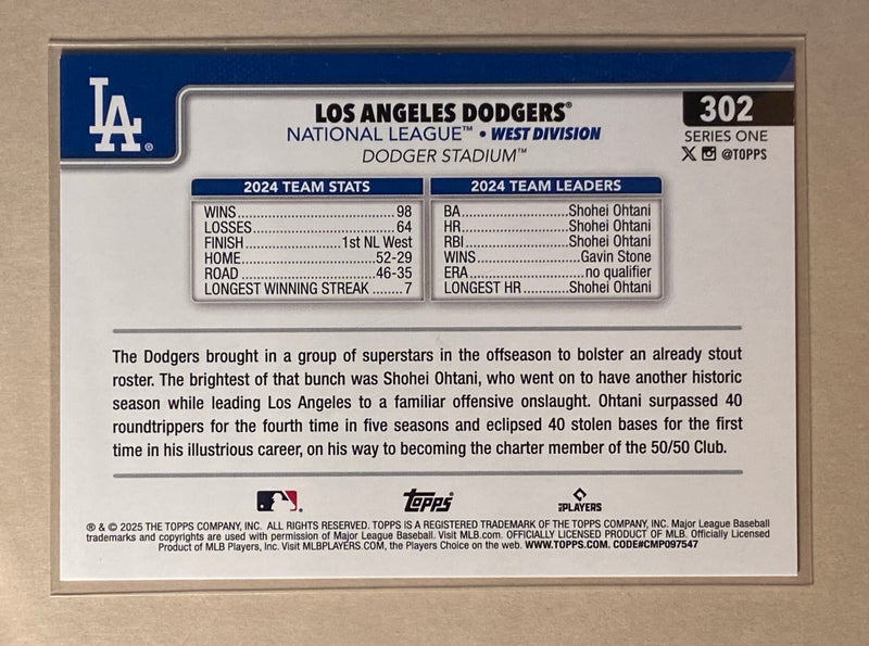 2025 Topps 302 Los Angeles Dodgers - Baseball - Series 1 - Team