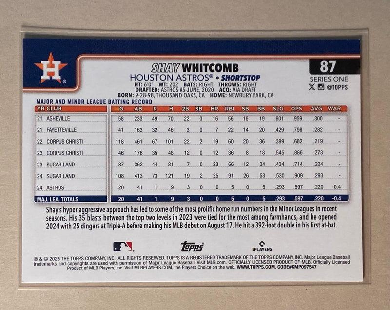 2025 Topps 87 Shay Whitcomb - Baseball - Series 1 - RC