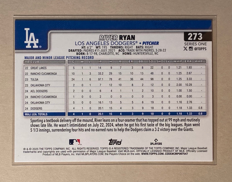 2025 Topps 273 River Ryan- Baseball - Series 1 - RC