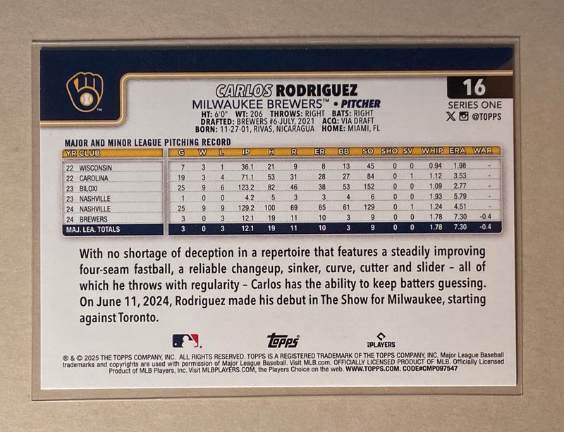 2025 Topps 16 Carlos Rodriguez - Baseball - Series 1 - RC
