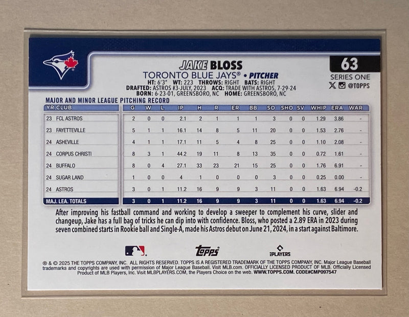 2025 Topps 63 Jake Bloss - Baseball - Series 1 - RC
