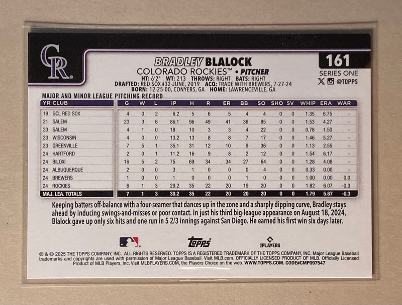 2025 Topps 161 Bradley Blalock- Baseball - Series 1 - RC