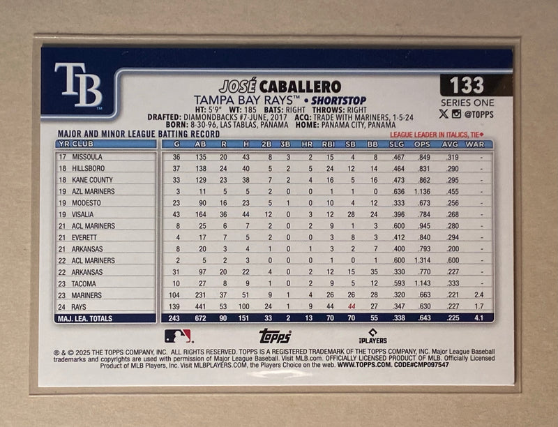 2025 Topps 133 Jose Caballero - Baseball - Series 1