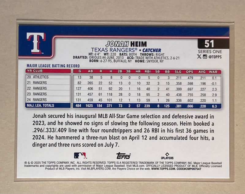 2025 Topps 51 Jonah Heim - Baseball - Series 1
