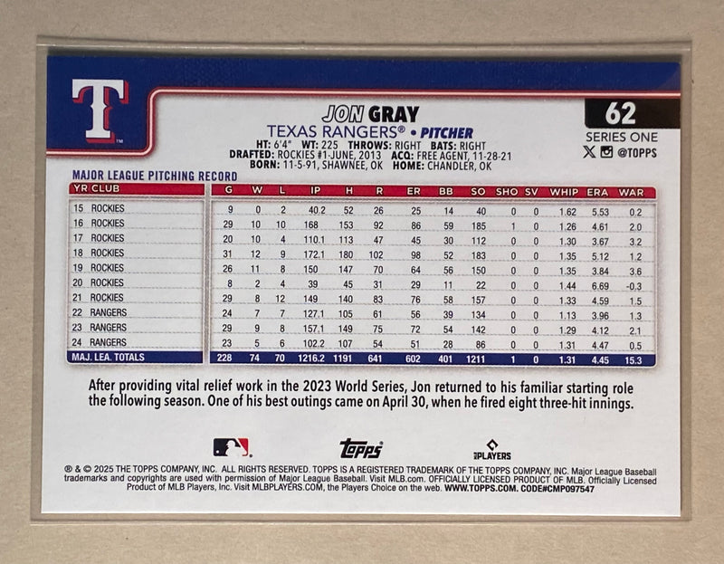 2025 Topps 62 Jon Gray - Baseball - Series 1