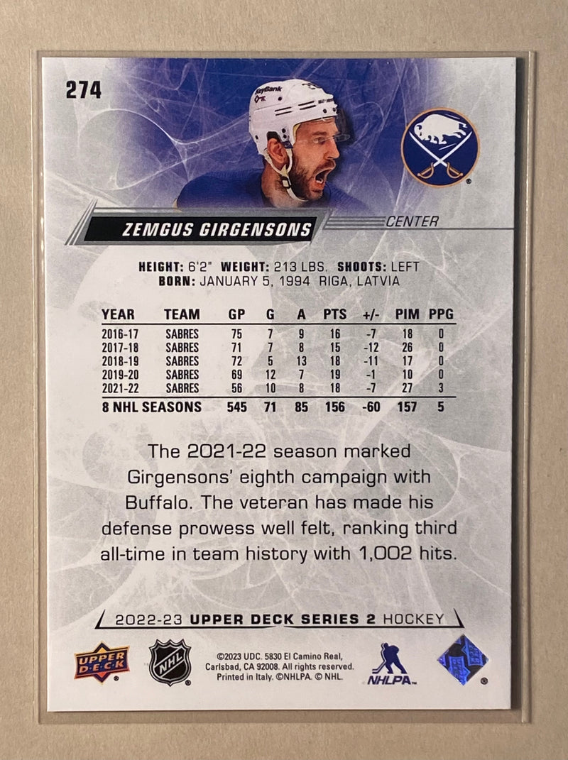 2022-23 Upper Deck 274 Zemgus Girgensons - Hockey - Series 2