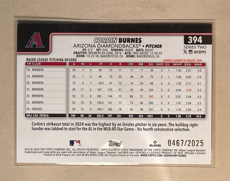 2025 Topps 394 Corbin Burnes - Baseball - Gold Parallel - /2025 - Series 2