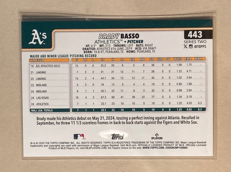 2025 Topps 443 Brady Basso - Baseball - Series 2 - RC