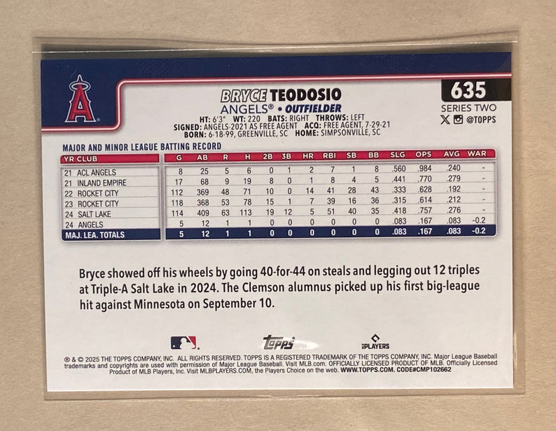 2025 TOPPS 635 Bryce Teodosio - Baseball - Series 2 - RC