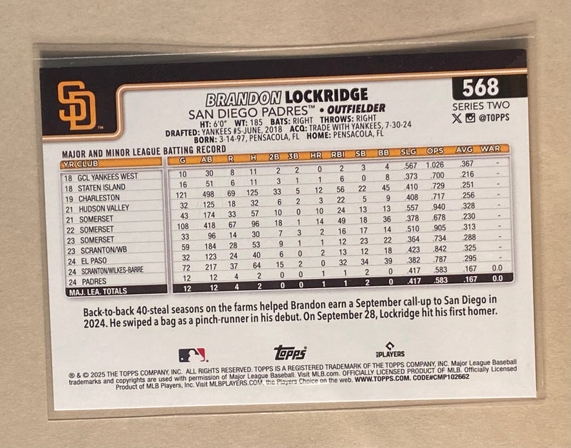 2025 TOPPS 568 Brandon Lockridge - Baseball - Series 2 - RC