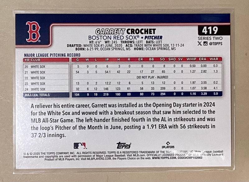 2025 Topps 419 Garrett Crochet - Baseball - Series 2