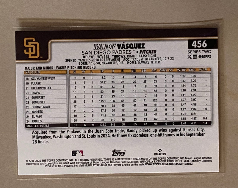 2025 Topps 456 Randy Vasquez - Baseball - Series 2