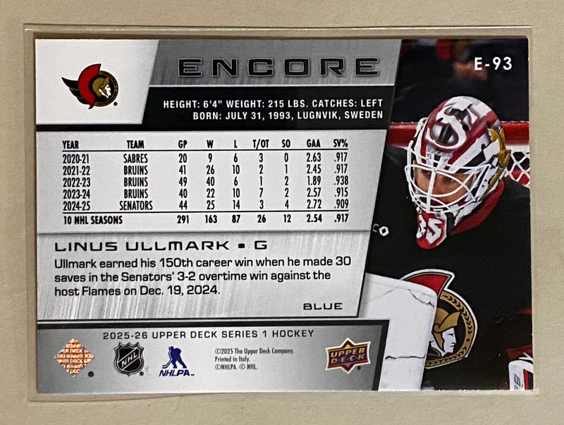 2025-26 Upper Deck E-93 Linus Ullmark - Hockey - Encore Blue