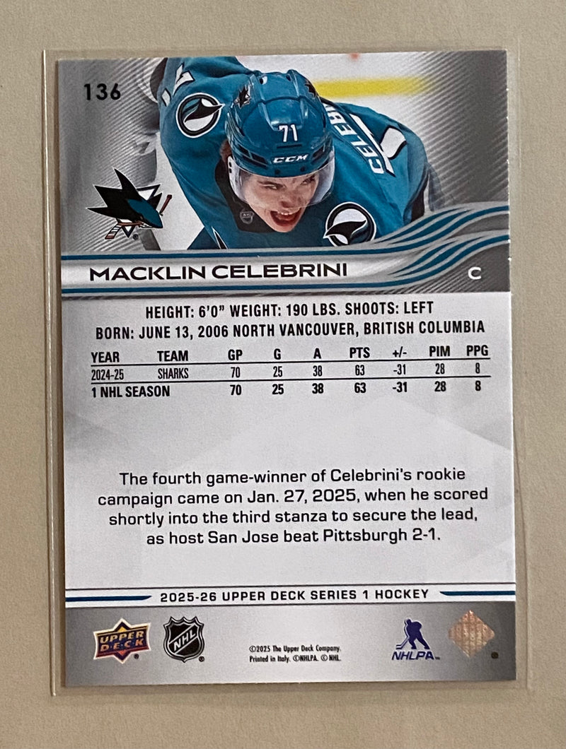 2025-26 Upper Deck 136 Macklin Celebrini - Hockey - Series 1
