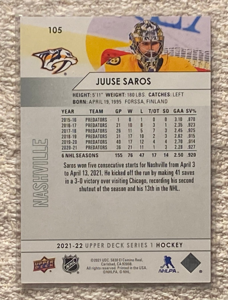 2021-22 Upper Deck 105 Juuse Saros - Hockey