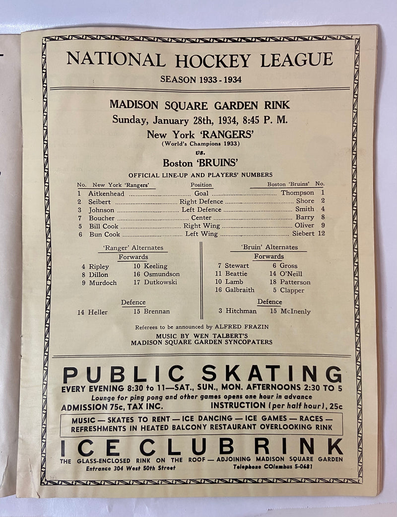 1933-1934 Rangers Hockey Guide