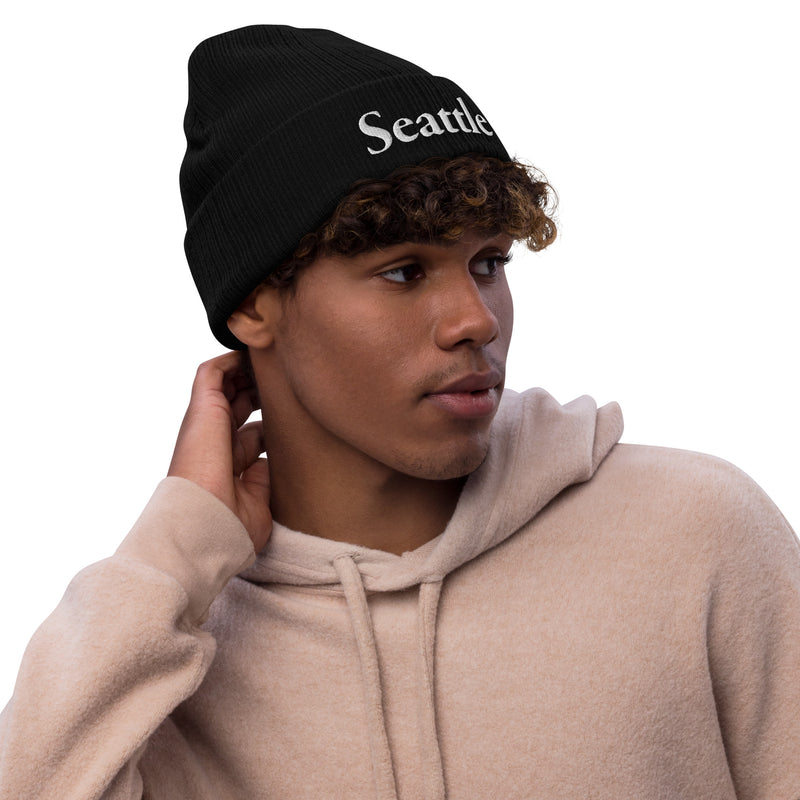 Seattle Black Ribbed Knit Beanie