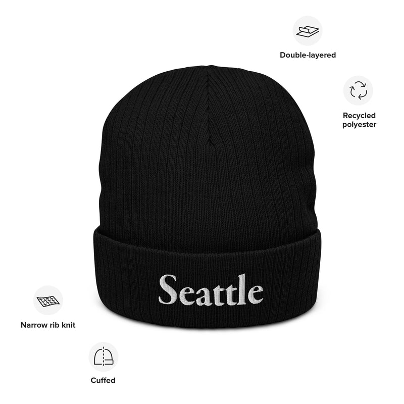 Seattle Black Ribbed Knit Beanie