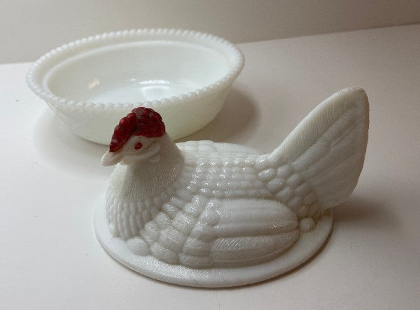 Rooster Covered Dish - Milk Glass