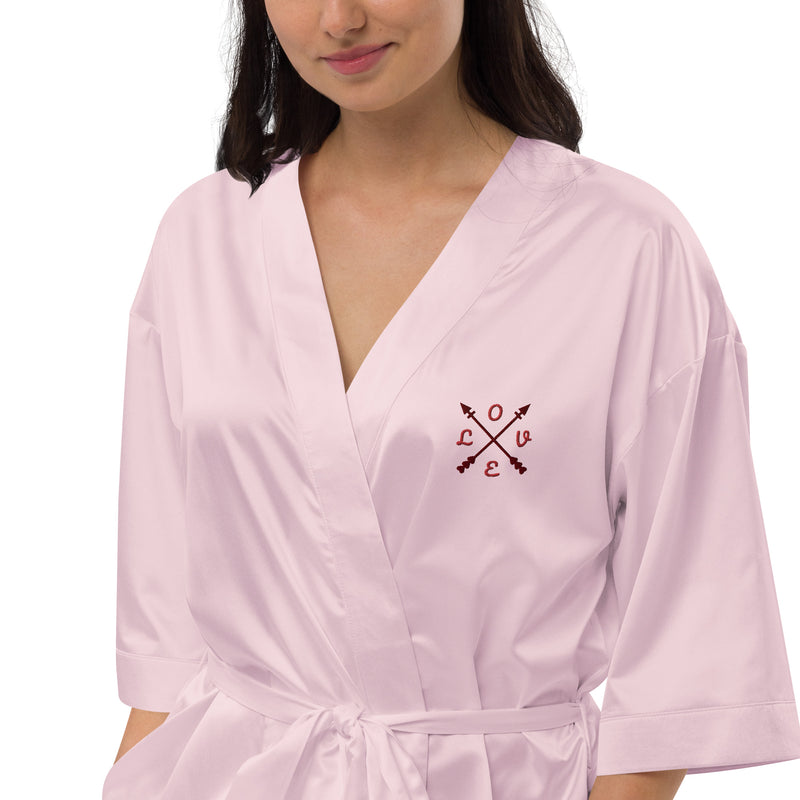 Pink Satin Robe Love Embroidery